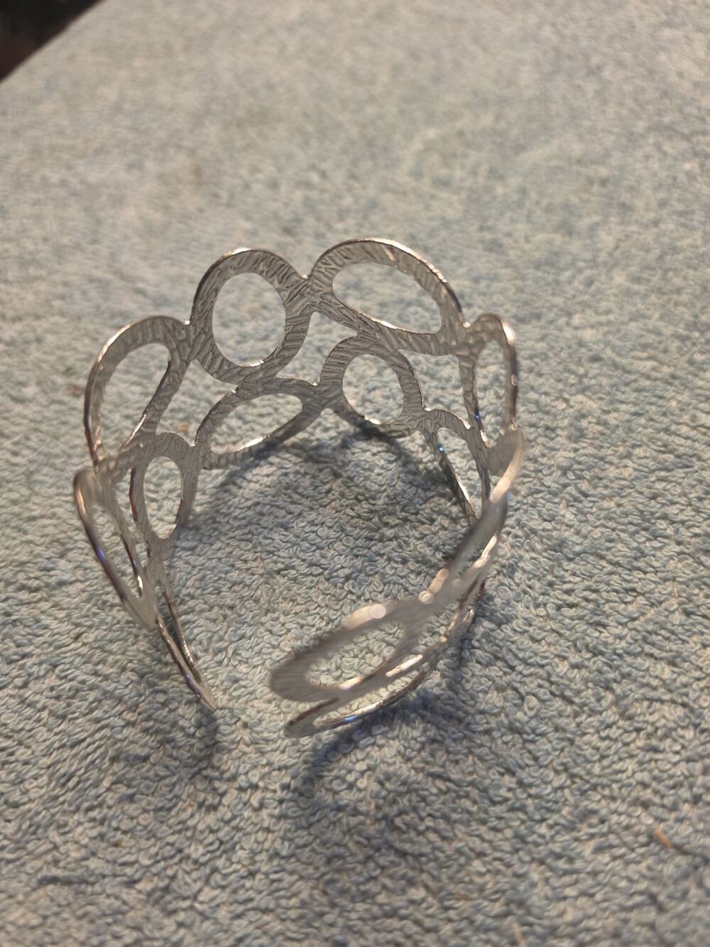 Silver Tone Textured Oval Circles Openwork Cuff Bracelet Geometric Boho Wide